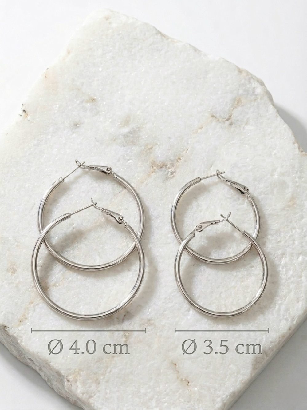 Classic Silver Tone Hoop Earrings (3.5 cm) Platinum Plated | Minimalist Jewelry - Picture 6 of 9